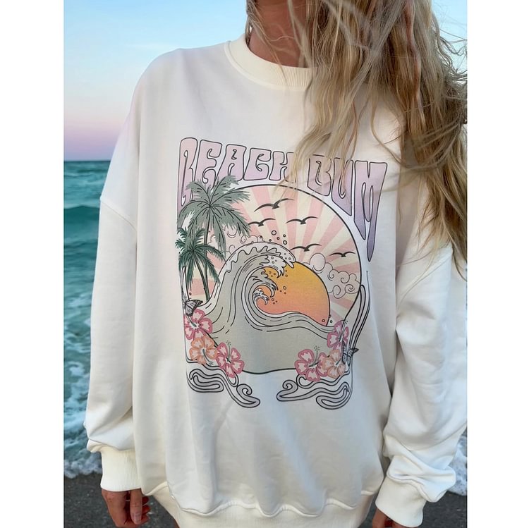 Oversized Beach Girl Print Crewneck Sweatshirt