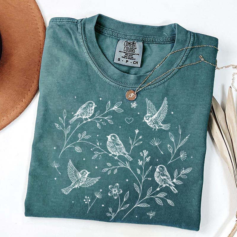 Boho Botanical Birds Sparrow T-Shirt