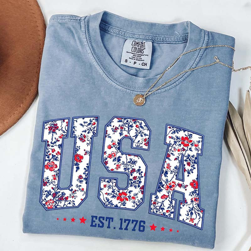 Flower USA Floral Patriotic T-Shirt