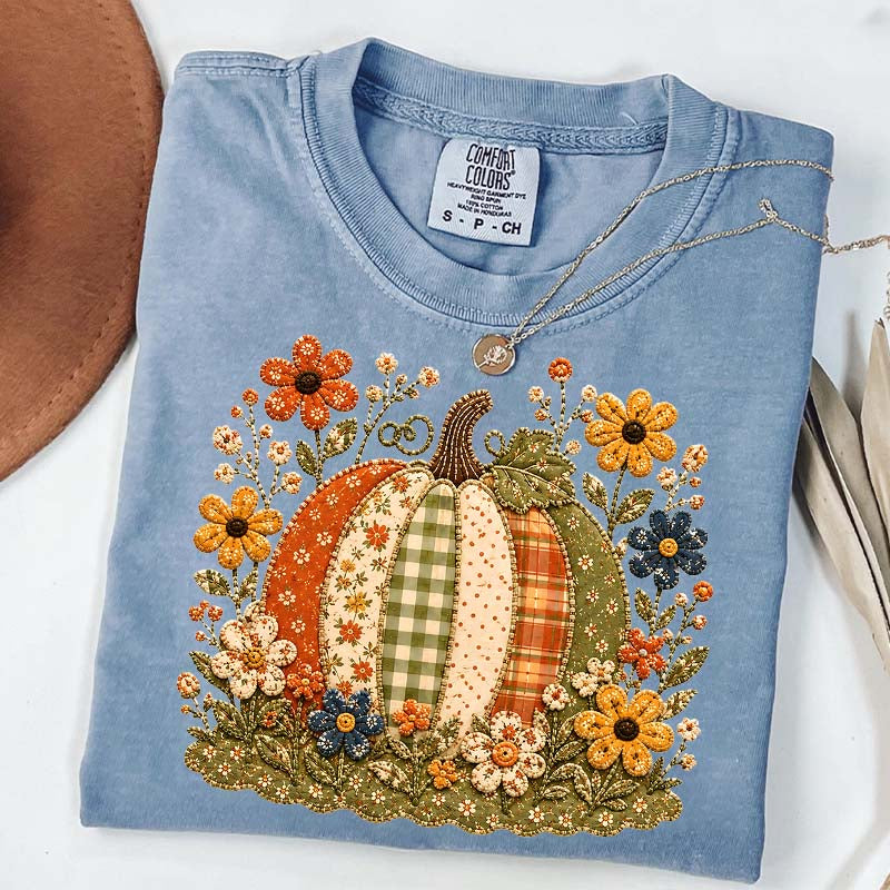 Faux Patchwork Floral Pumpkin T-Shirt