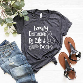 Easily Distracted Cats and Books T-Shirt