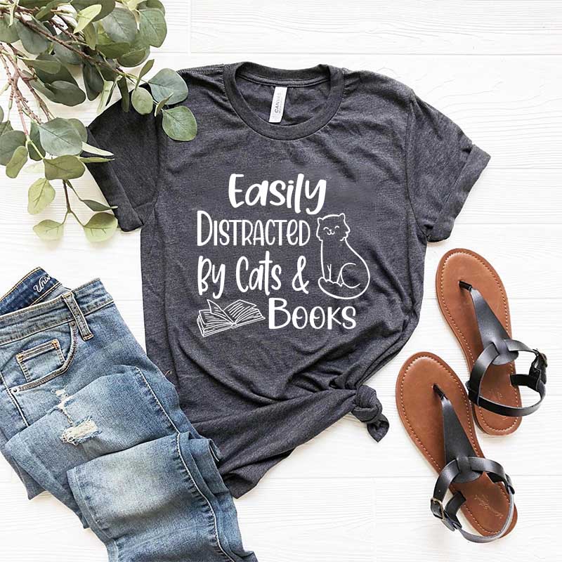 Easily Distracted Cats and Books T-Shirt