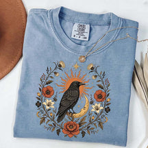 Retro Sun Crow Gothic Raven Celestial Moon Floral T-Shirt