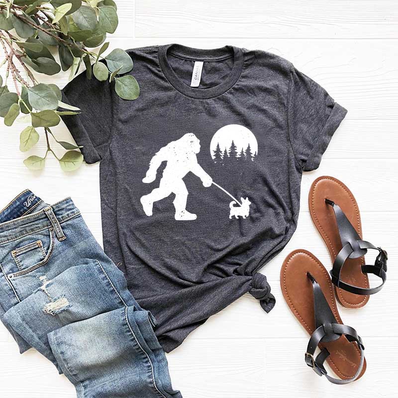Bigfoot Walking Corgi Dog T-Shirt