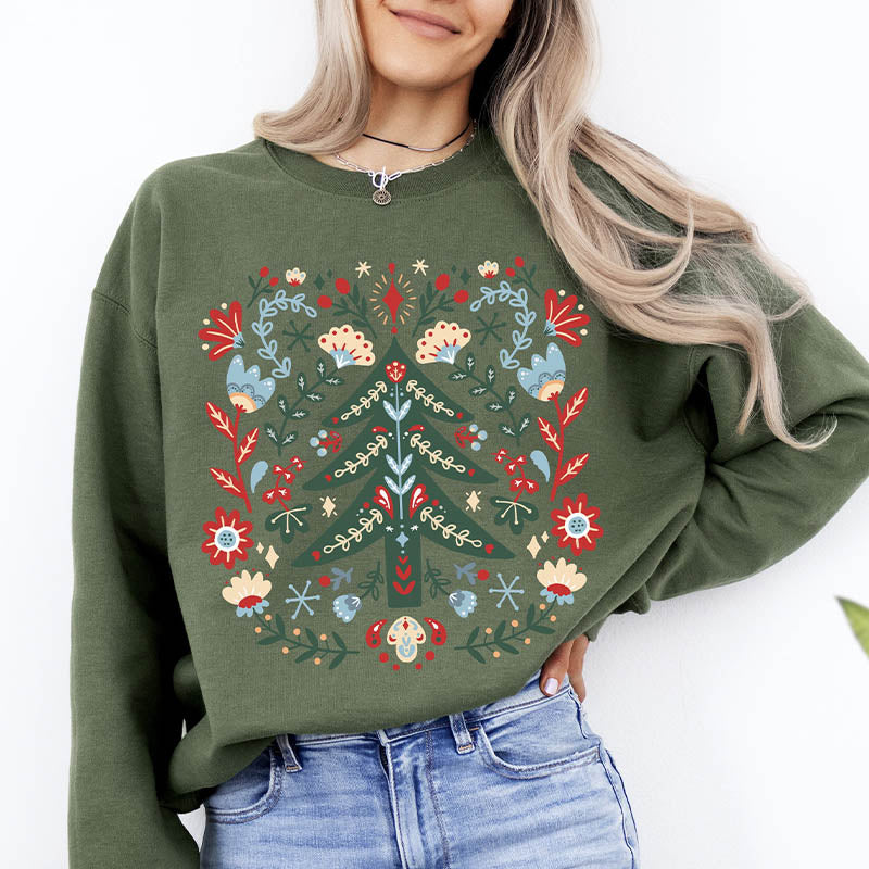 Classic Floral Christmas Tree Folk Art Sweatshirt