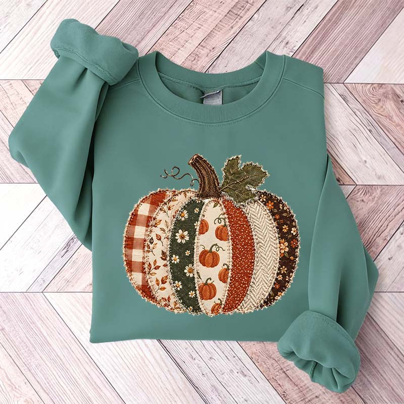 Faux Patchwork Fall Pumpkin Printed Sweatshirt