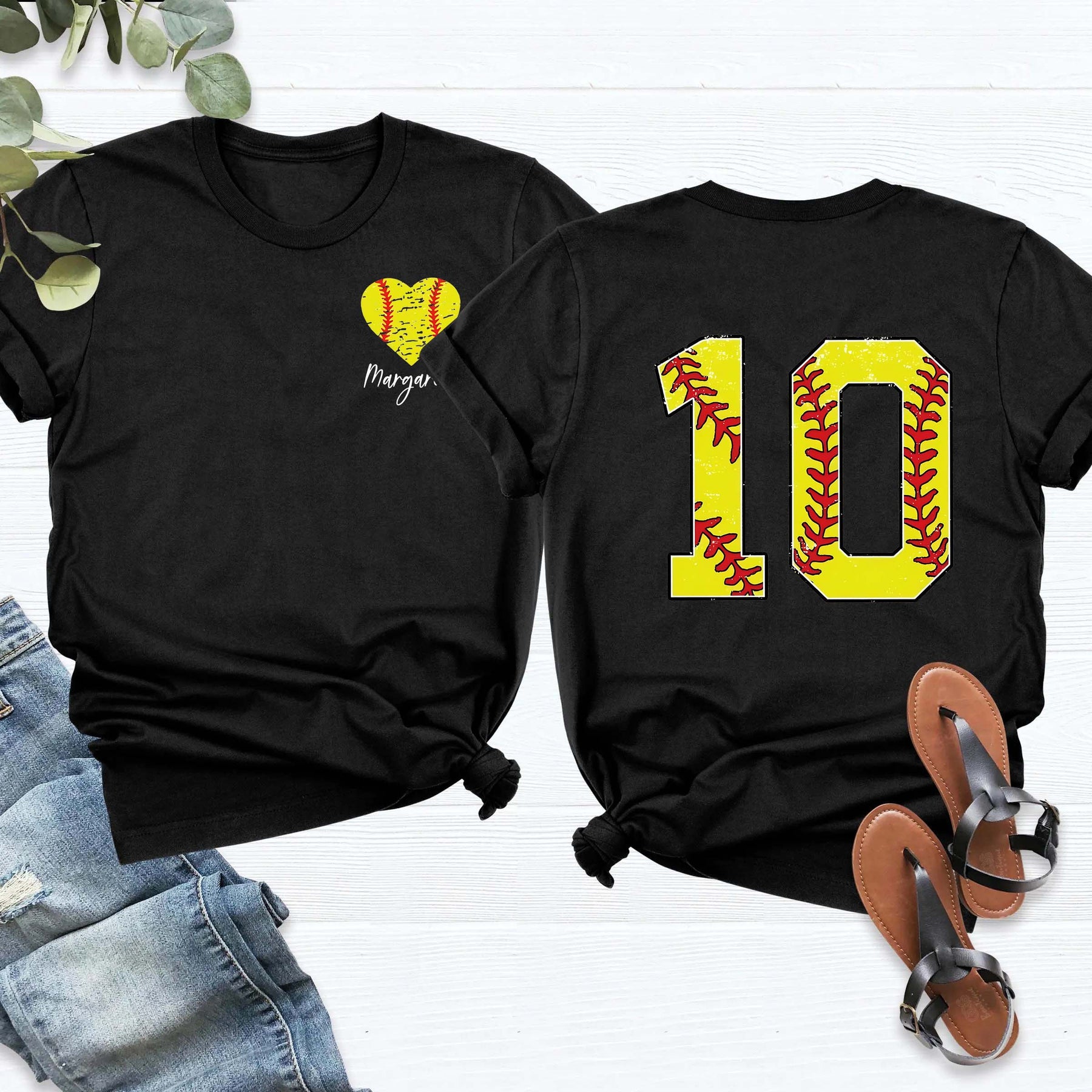 Custom Number And Name Softball Heart T-Shirt
