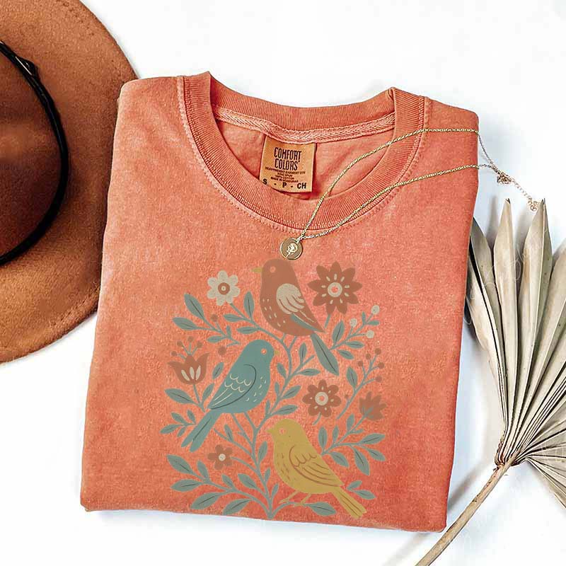Boho Cottagecore Birds and Flowers T-Shirt