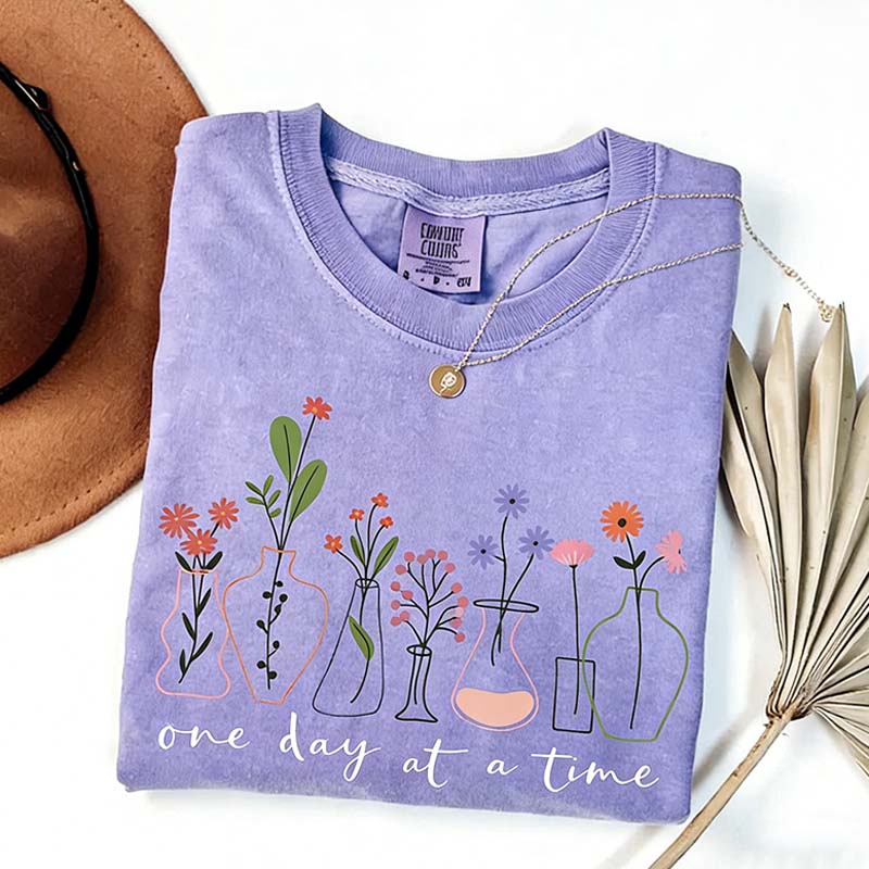 One Day At a Time Motivational  Floral T-Shirt