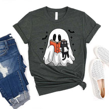 Bookish Ghost Cute Spooky Reading Cat T-Shirt