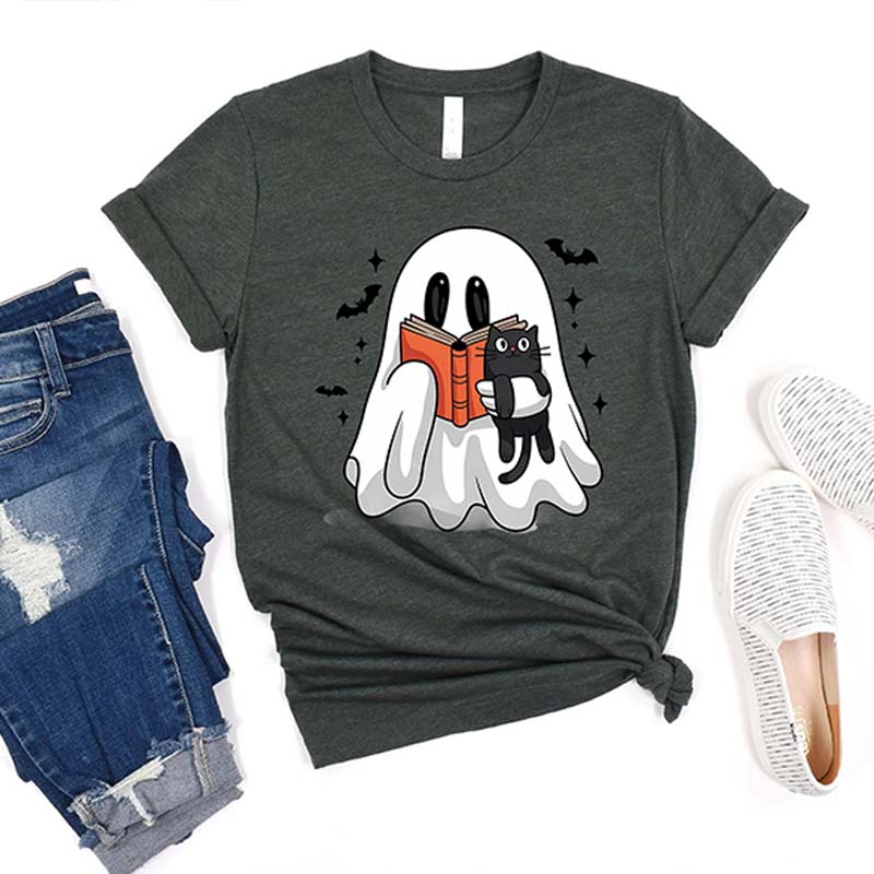 Bookish Ghost Cute Spooky Reading Cat T-Shirt
