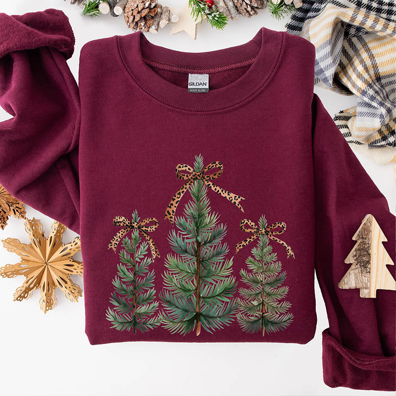 Leopard Print Bow Minimalist Christmas Trees Sweatshirt