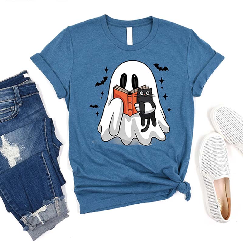 Bookish Ghost Cute Spooky Reading Cat T-Shirt
