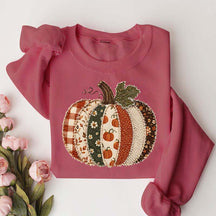 Faux Patchwork Fall Pumpkin Printed Sweatshirt