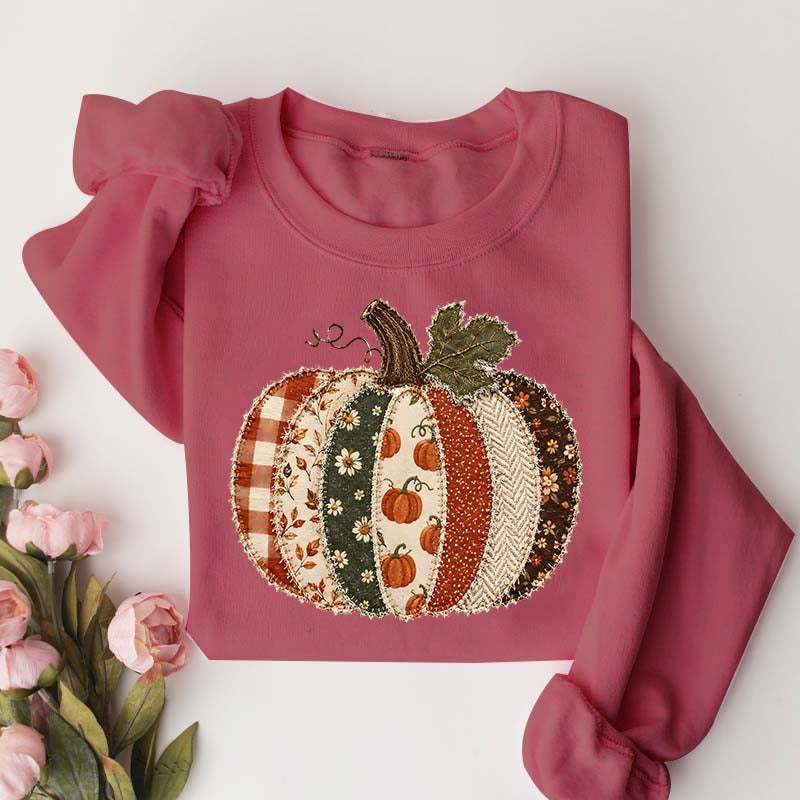 Faux Patchwork Fall Pumpkin Printed Sweatshirt