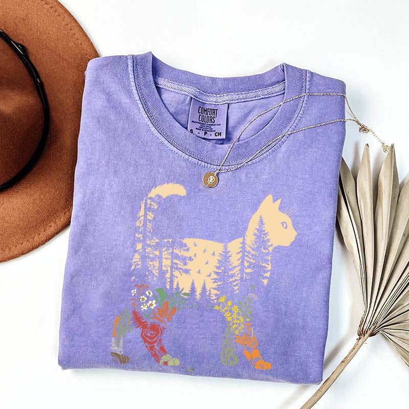 Boho Cat Plants Nature Trees Wild Flowers T-Shirt