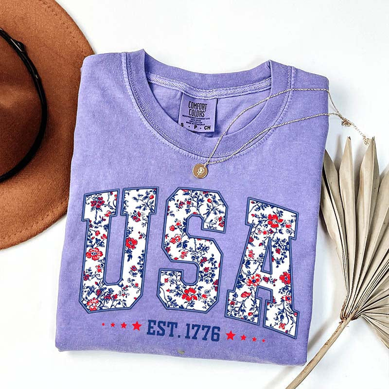Flower USA Floral Patriotic T-Shirt