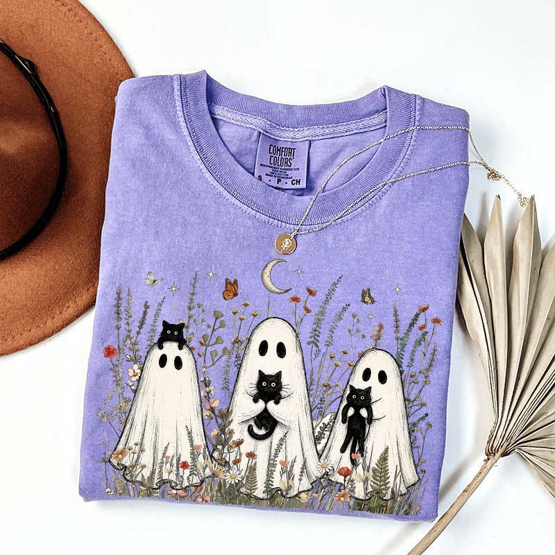 Vintage Whimsical Ghost Black Cat T-Shirt