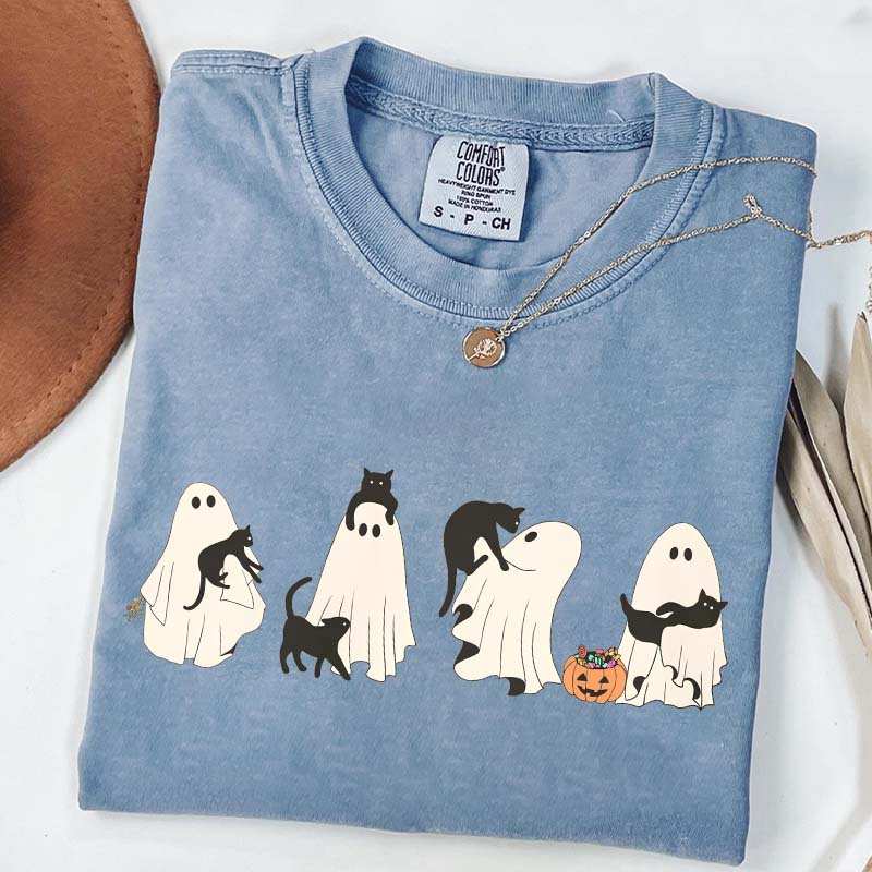 Halloween Black Cat & Ghost Women T-Shirt