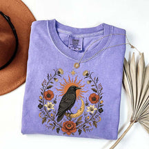 Retro Sun Crow Gothic Raven Celestial Moon Floral T-Shirt