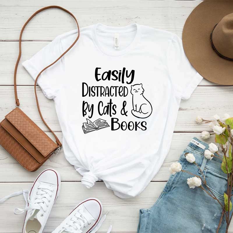 Easily Distracted Cats and Books T-Shirt