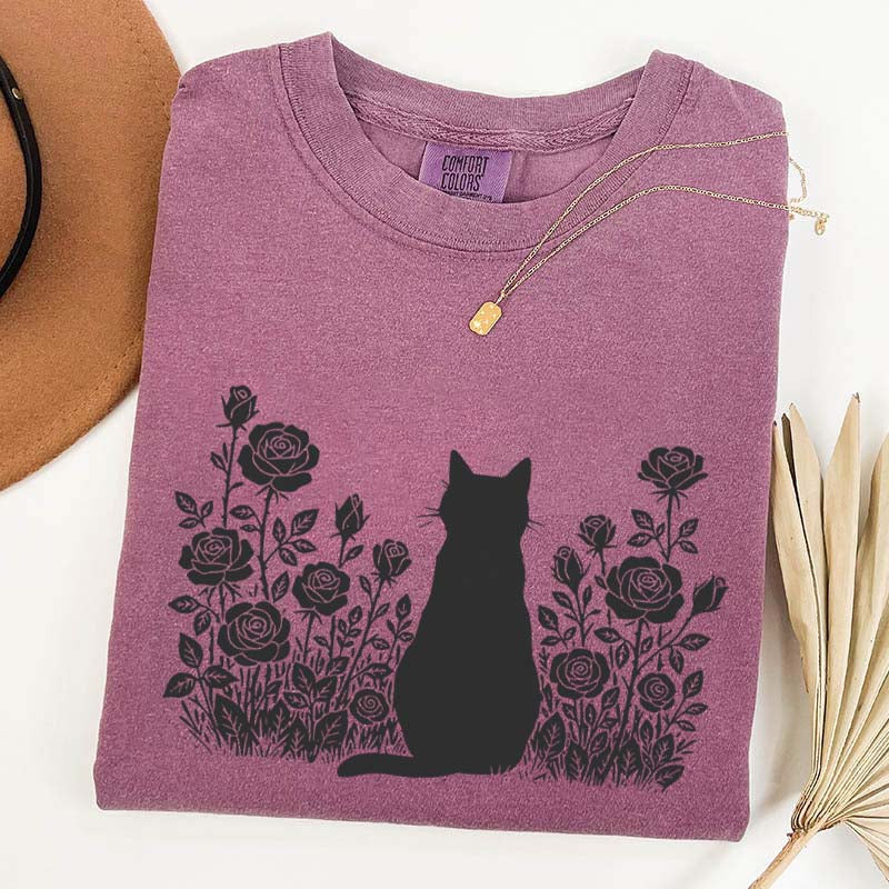 Cottagecore Cat Owner Rose Black T-Shirt