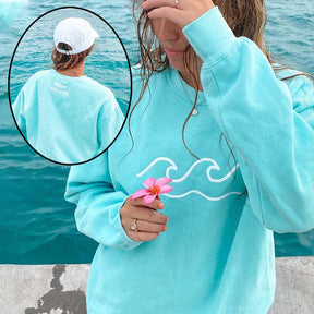 Blaue Ufer und Wellen bedrucktes lässiges Sweatshirt