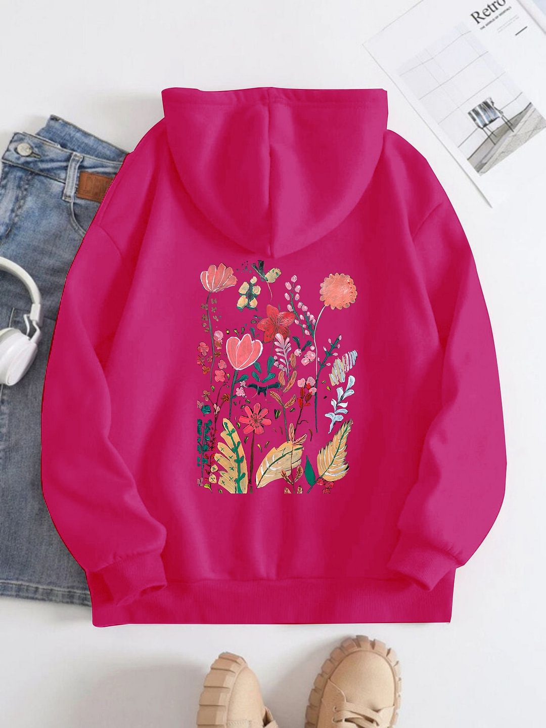 Printed On The Back Hoodie For Women Acrylic Painting Of Flowers Pattern