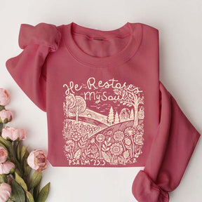He Restores My Soul Psalm Floral Vintage Sweatshirt