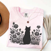 Cottagecore Cat Owner Rose Black T-Shirt