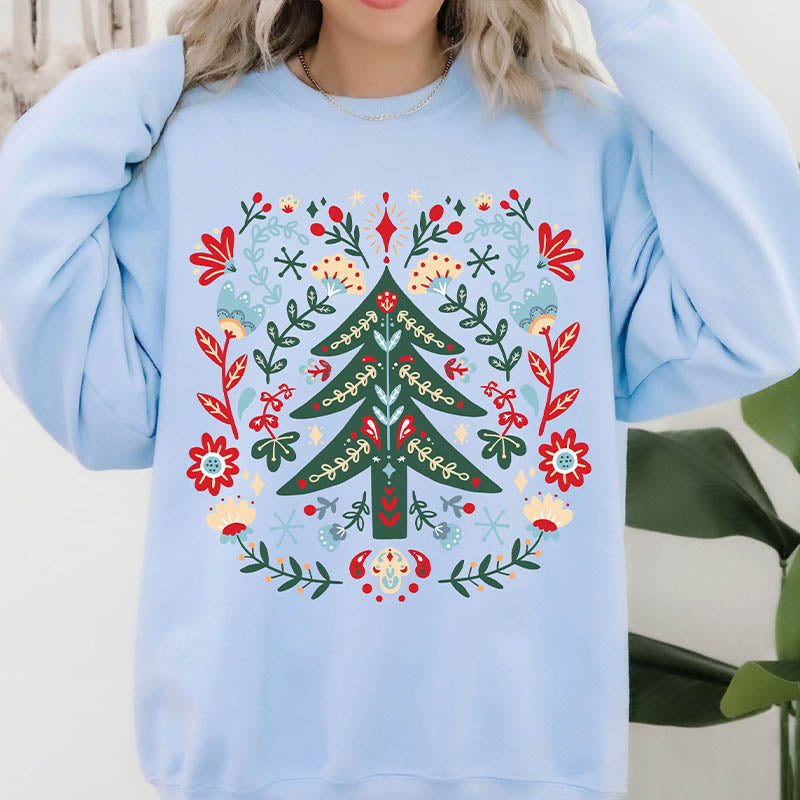 Classic Floral Christmas Tree Folk Art Sweatshirt