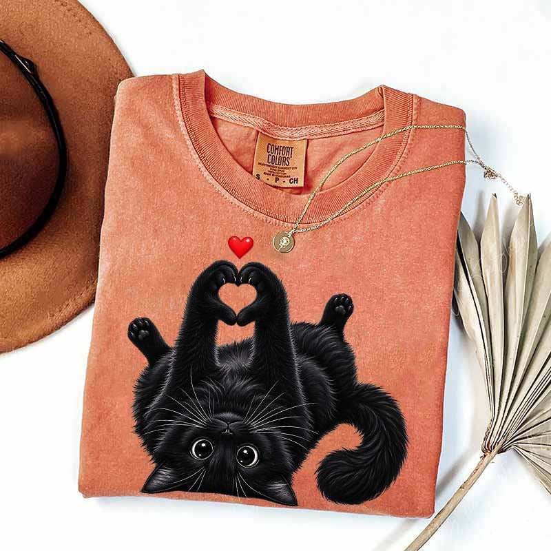 Cute Black Cat Heart Paws T-Shirt