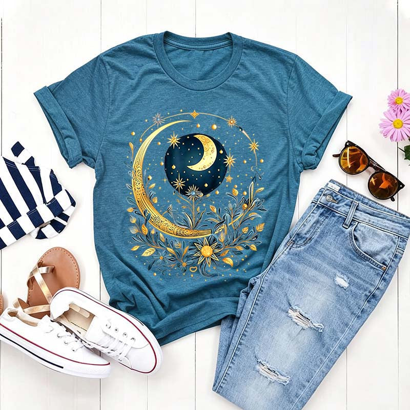 Celestial Boho Moon Floral T-Shirt