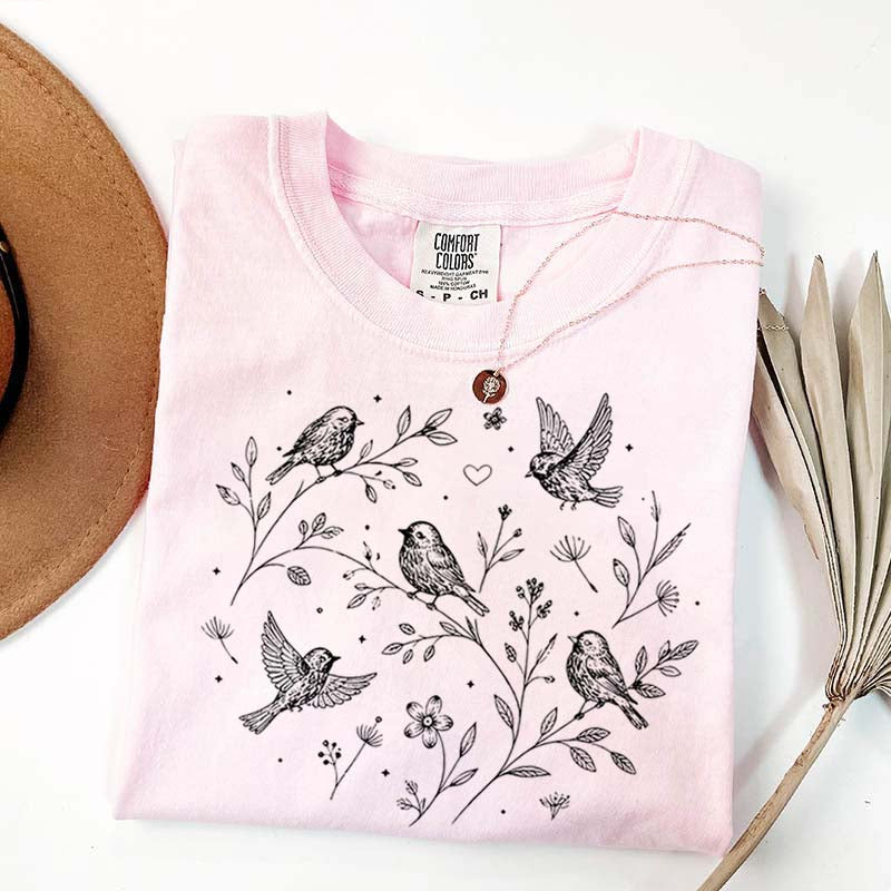 Boho Botanical Birds Sparrow T-Shirt