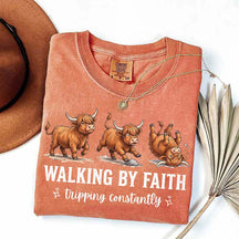Highland Cow Walking By Faith Tripping Constantly T-Shirt