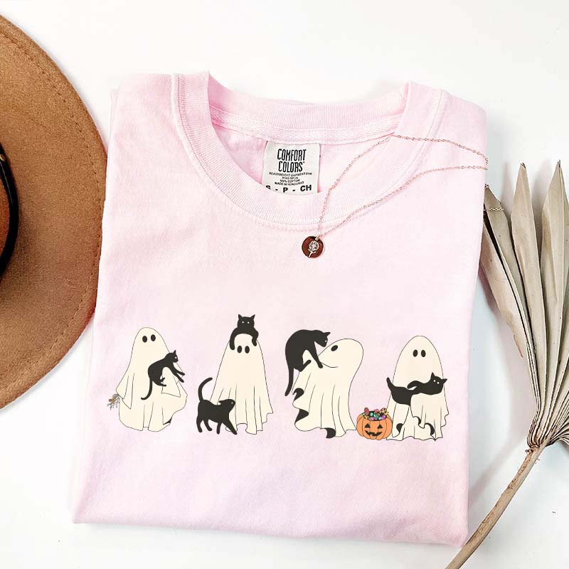 Halloween Black Cat & Ghost Women T-Shirt