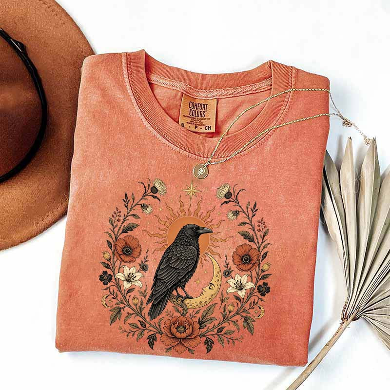Retro Sun Crow Gothic Raven Celestial Moon Floral T-Shirt
