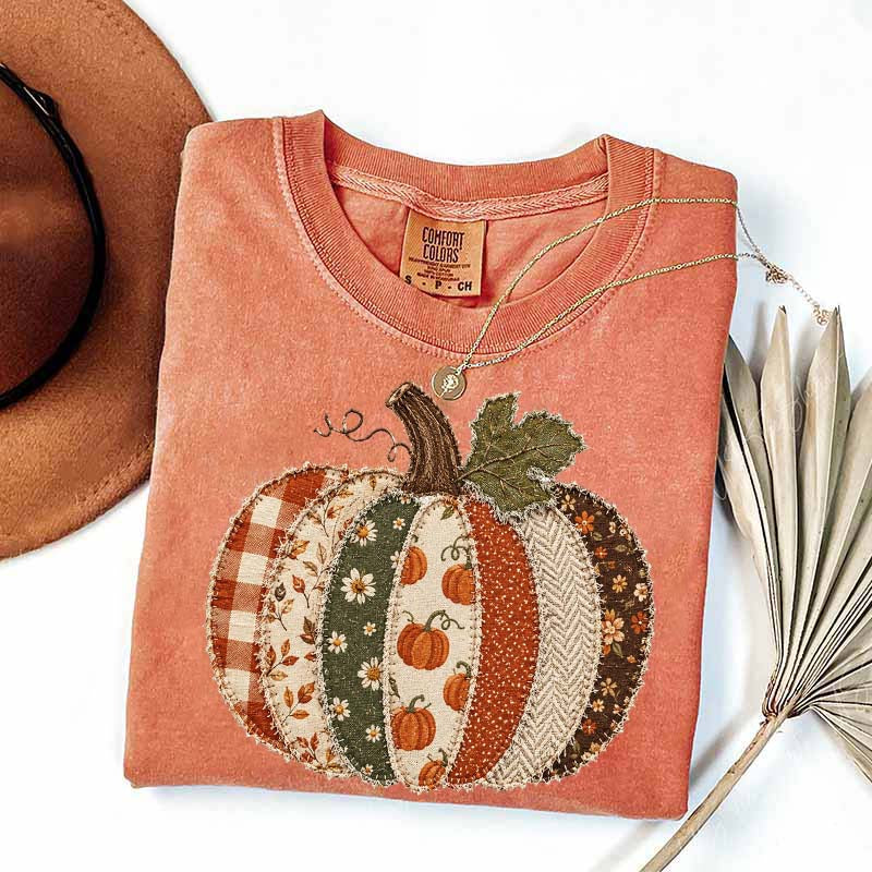 Faux Patchwork Fall Pumpkin Printed T-Shirt