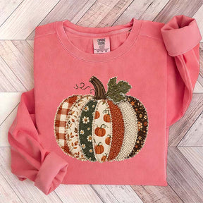 Faux Patchwork Fall Pumpkin Printed Sweatshirt