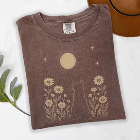 Minimalist Cat Moon Night Sky Floral T-Shirt