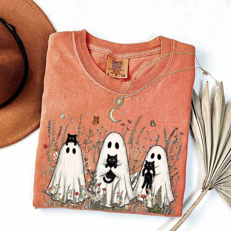 Vintage Whimsical Ghost Black Cat T-Shirt