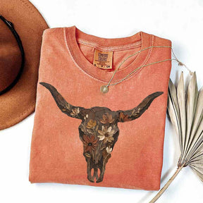 Brushstroke Floral Western Cow Skull T-Shirt