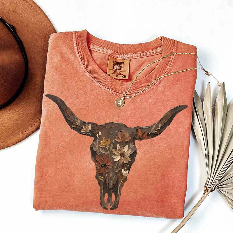 Brushstroke Floral Western Cow Skull T-Shirt