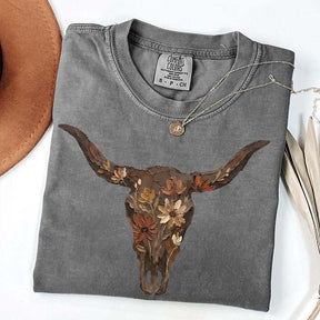 Brushstroke Floral Western Cow Skull T-Shirt