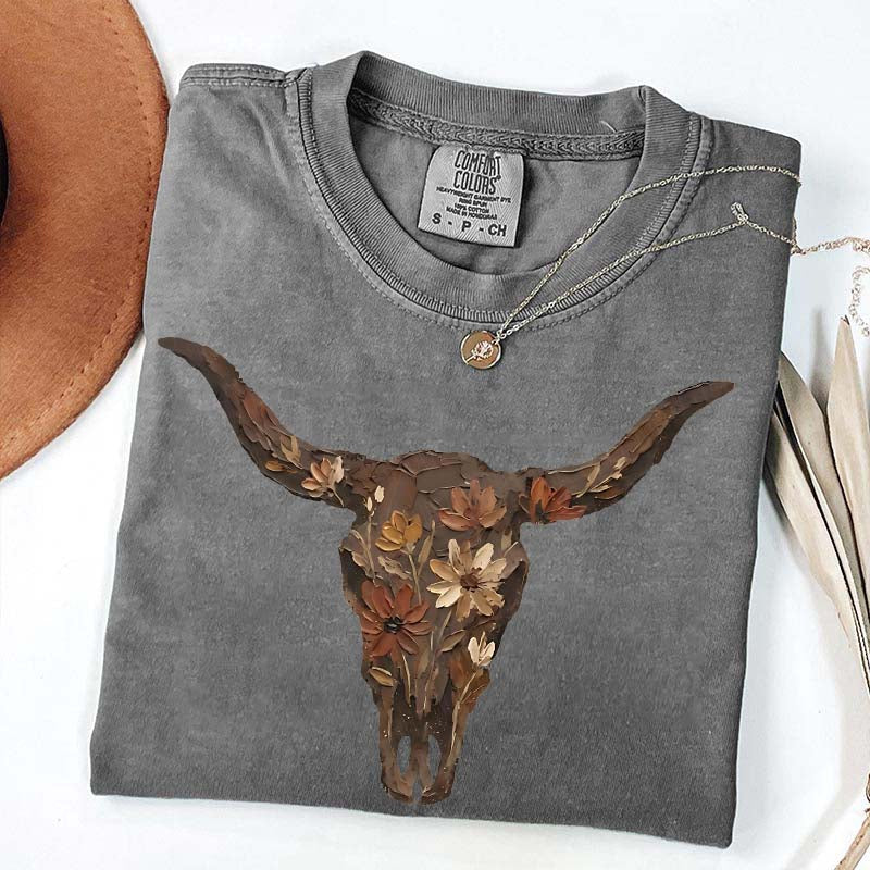 Brushstroke Floral Western Cow Skull T-Shirt