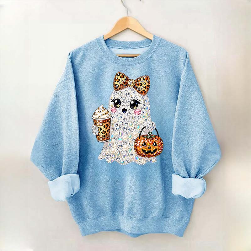 Rhinestone Glam Ghost Halloween Printed Sweatshirt