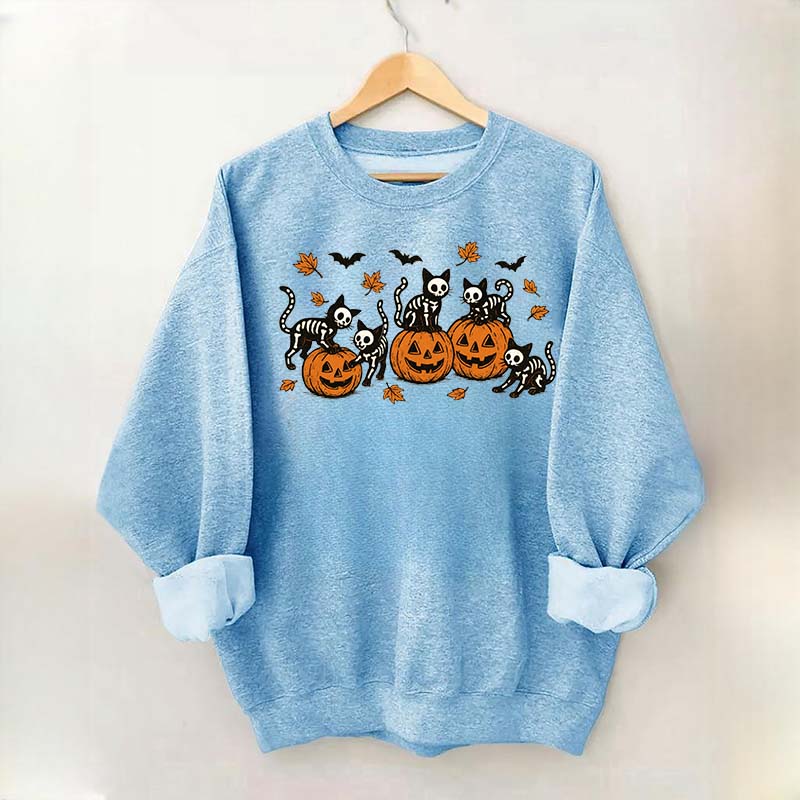 Retro Skeleton Fall Black Cat Pumpkin Sweatshirt