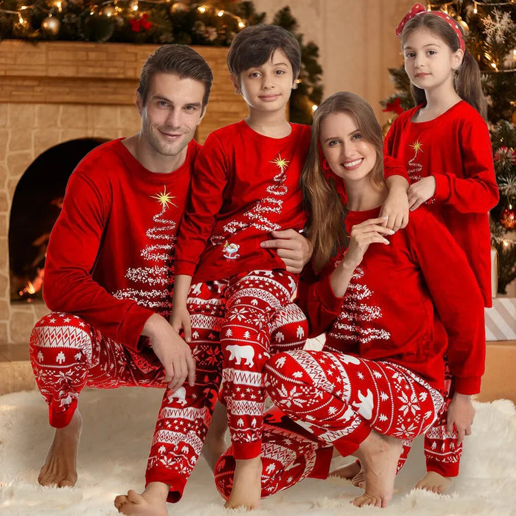 Family Matching Red Christmas Tree Suits Family Look Pajama Set