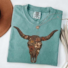 Brushstroke Floral Western Cow Skull T-Shirt