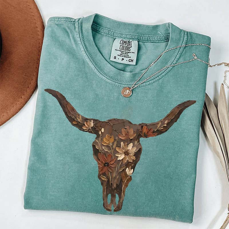 Brushstroke Floral Western Cow Skull T-Shirt